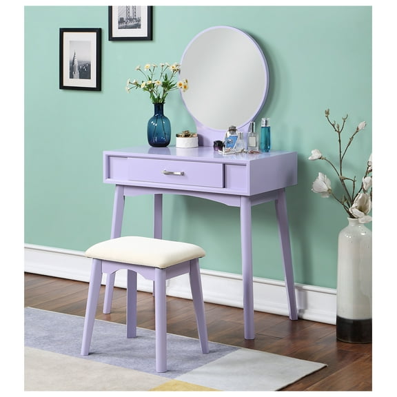 Vanity Set with Stool, Maly Contemporary Wood Makeup Table with Mirror & Drawer