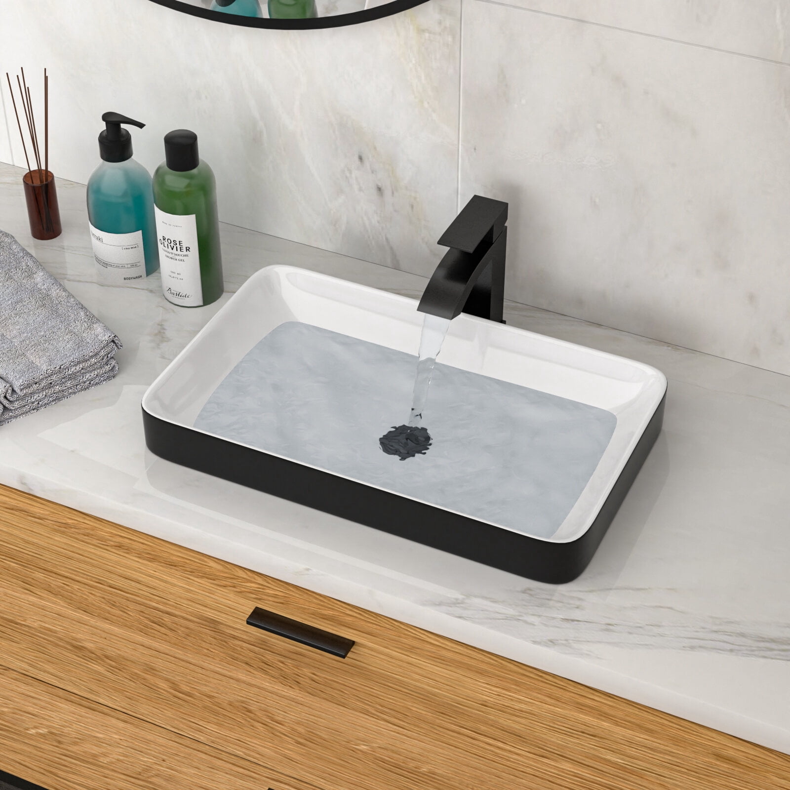 Vanity With Sink, 19"x12" White & Black Semi-Recessed Ceramic Bathroom Sink - Countertop Vessel Design, White+Black Bathroom Vanity,Ceramic Single Sink Vanity, Bath & Faucets Bathroom Vanities