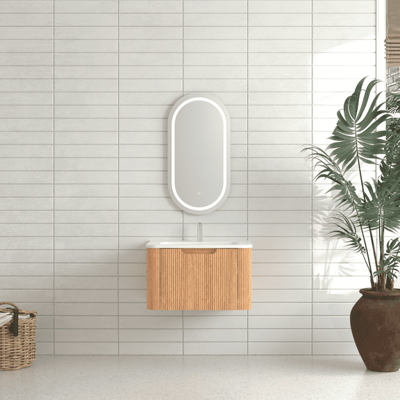Vanity With Sink, 24" Wall-Mounted Floating Bathroom Vanity Pre-Assembled Curved Edge Storage Bathroom Cabinet in Natural Walnut Color with White Ceramic Basin, Walnut Bathroom Vanity