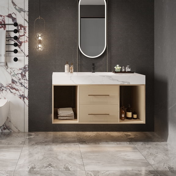 Vanity With Sink, 39.4 '' Floating Bathroom Vanity with Ceramic sink,Wall Mounted Vanity 2 Soft Close Drawer and white slate top, White,Wood Bathroom Vanity,Single Sink Vanity