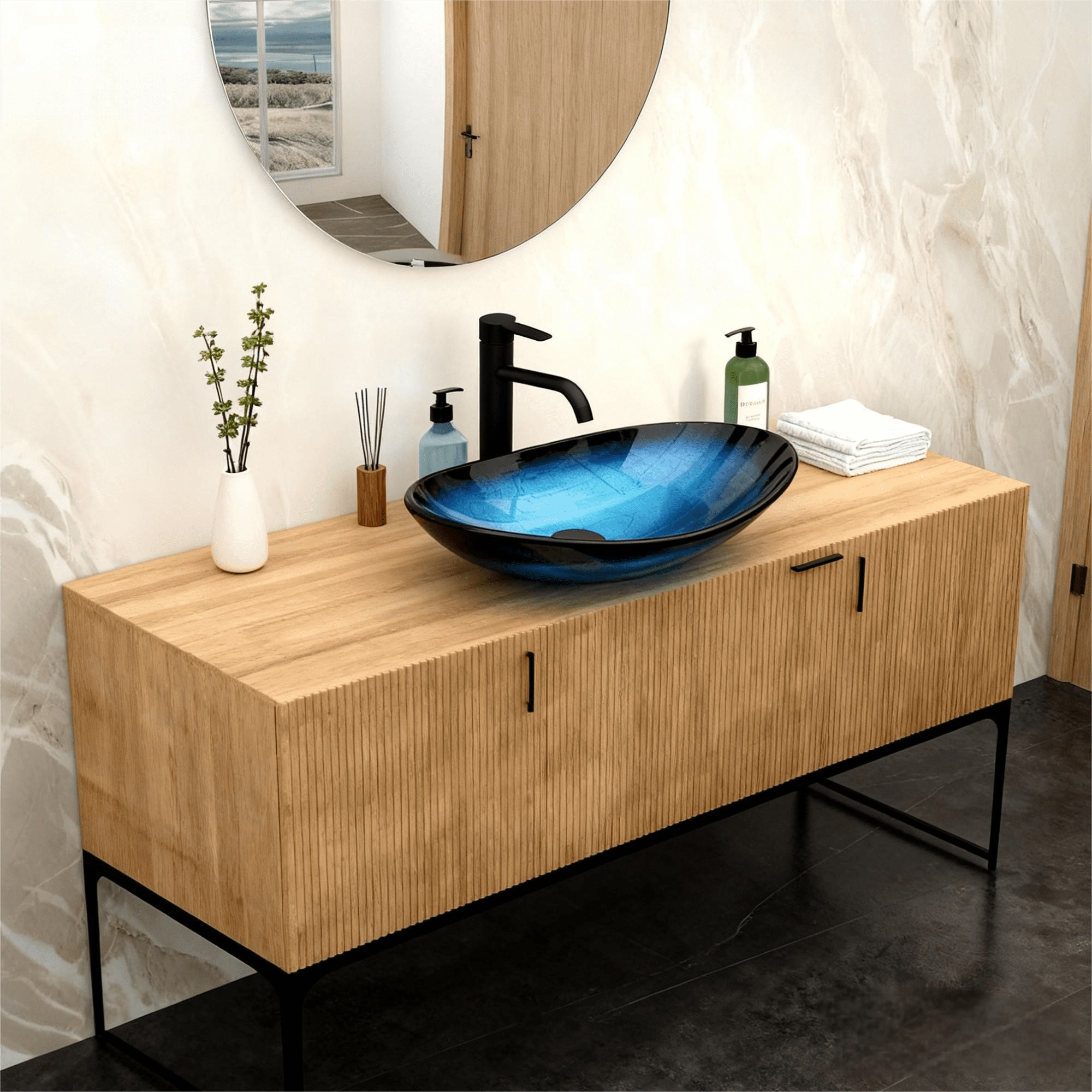 Vanity With Sink, Bathroom Artistic Tempered Glass Blue Vessel Bathroom Sink Pop-up Drain, Blue Boat Shape Bathroom Sink Above Counter (no Faucet), Blue Bathroom Vanity,Single Sink Vanity