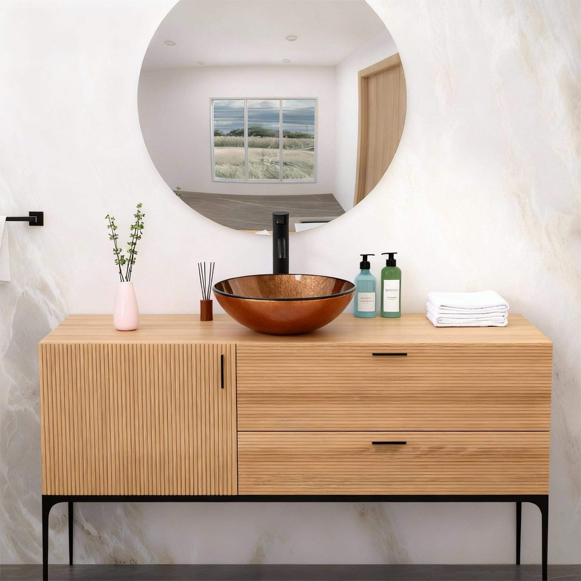 Vanity With Sink, Bathroom Artistic Tempered Glass Vessel Bathroom Sink with Pop-up Drain, Brown, Brown Bathroom Vanity,Tempered Glass Single Sink Vanity, Bath & Faucets Bathroom Vanities