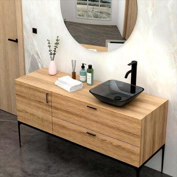 Vanity With Sink, Bathroom Vessel Bathroom Sink Above Counter Grey Bowl Square Sink for Bathroom, Tempered Glass Vessel Sink with Pop-up Drain (no Faucet), Grey Bathroom Vanity,Single Sink Vanity