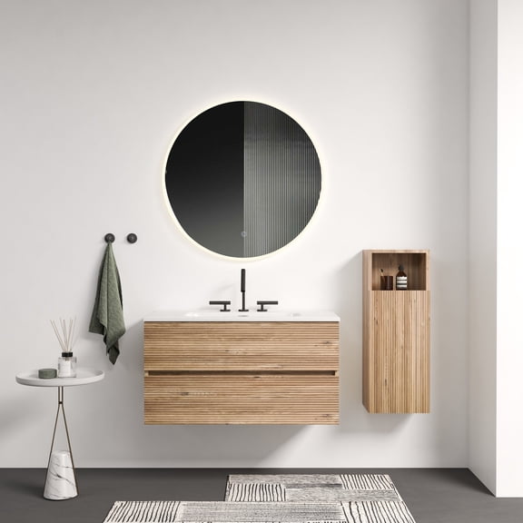 Vanity With Sink, Gloria 36" Wall Mounted Rough Oak&Rough Oak Bathroom Vanity with Integrated Ceramic Sink with Overflow, with 3 holes, Large Storage Floating Bathroom Vanity for Modern Bathroom, KD