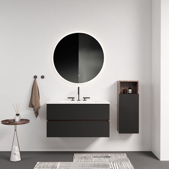Vanity With Sink, Gloria 36" Wall Mounted Soft Black & Walnut Bathroom Vanity with Integrated Ceramic Sink with 3 holes, with Overflow, Large Storage Floating Bathroom Vanity for Modern Bathroom, KD