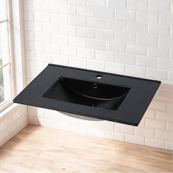 Vanity Sink Top For Bathroom Use Jet Black Ceramic 30 Inch Ready To Assemble Vanity Countertop