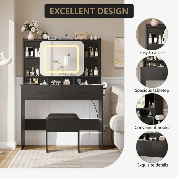 Vanity Sliding Desk and Stool – Makeup Vanity with LED Mirror, Charging Station, Drawers & Shelves for Bedroom