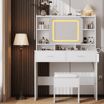 Vanity Sliding Desk and Stool – Makeup Vanity with LED Mirror, Charging Station, Drawers & Shelves for Bedroom