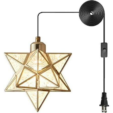 Vanity Star Hanging Lamp with Metal and Frosted PVC Lampshade, Gold Vintage Plug in Pendant Light, Modern Ceiling Light Fixture for Bedroom Nightstand, Bathroom, Barn