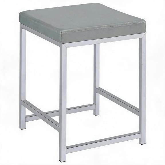 Vanity Stool 19x14.75x14.75 Inch Light Grey Leatherette Padded Square Seat with Chrome Base for Bedroom Makeup