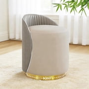 Swivel Vanity Chair with Back, Faux Fur Upholstered Round Makeup Chair, Multifunctional Accent Stool Ottoman for Bedroom Living Room, Gray