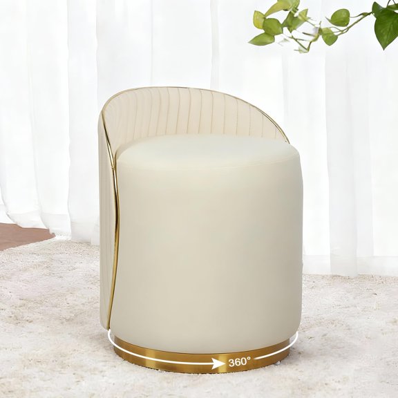 Vanity Stool with Back, 361° Swivel Round Makeup Vanity Chair, Foot Stools Ottoman Faux Fur, Upholstered Multifunctional Accent Stool for Makeup, Bedroom, Living Room (White)