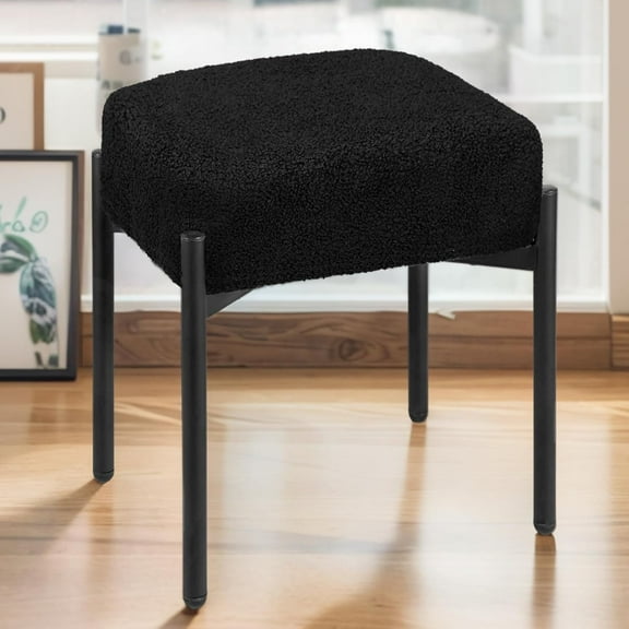 Vanity Stool Chair Faux Fur, 16.3"L x 12.8"W x 17.3"H Soft Ottoman, Makeup Chair Bench Furry Padded Seat with 4 Metal Legs, Footstool Multifunctional Chairs for Bedroom, Living Room