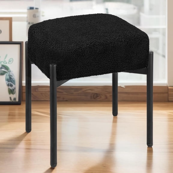 Vanity Stool Chair Faux Fur, Makeup Chair Bench Furry Padded Seat with 4 Metal Legs, Footstool Multifunctional Chairs for Bedroom, Living Room