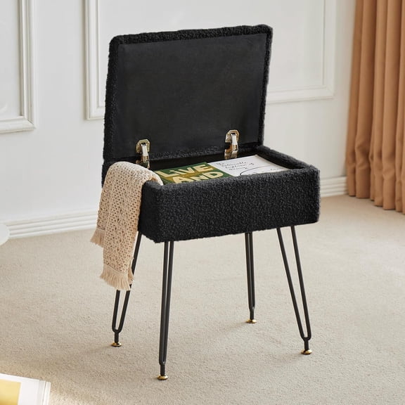 Vanity Stool Chair, Faux Fur Ottoman Foot Stool with Metal Legs & Adjustable Black Feet, Flip Top Storage Makeup Stool with Soft Padded Seat, Foot Rest for Makeup Room Bedroom