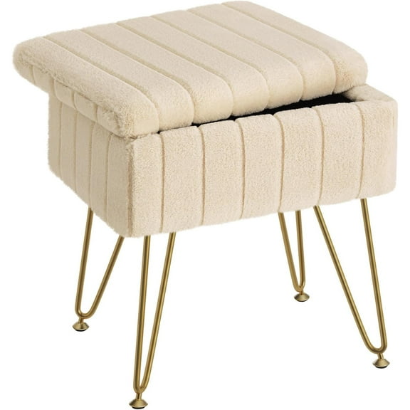 Vanity Stool Chair Faux Fur with Storage, 15.7"L x 11.8"W x 19.4"H Soft Ottoman 4 Metal Legs with Anti-Slip Feet, Furry Padded Seat, Modern Multifunctional Chairs for Makeup, Bedroom,Camel