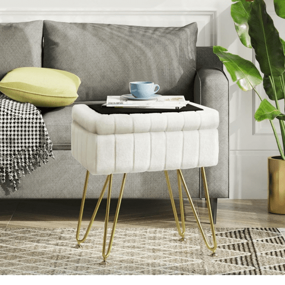 Vanity Stool Chair Faux Fur with Storage, 15.7"L x 11.8"W x 19.4"H Soft 4 Metal Legs with Anti-Slip Feet, Furry Padded Seat, Modern Multifunctional Chairs for Makeup, Bedroom White