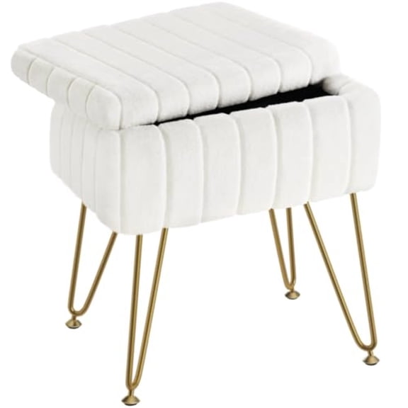 Vanity Stool Chair Faux Fur with Storage 15.7"L x 11.8"W x 19.4"H Soft Ottoman 4 Metal Legs with Anti-Slip Feet Furry Padded Seat Modern Multifunctional Chairs for Makeup Bedroom White