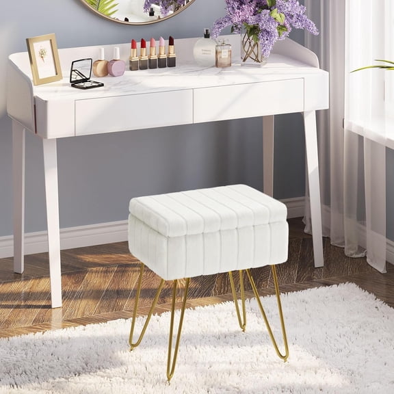 Vanity Stool Chair Faux Fur with Storage, 15.7"L x 11.8"W x 19.4"H Soft Ottoman 4 Metal Legs with Anti-Slip Feet, Furry Padded Seat, Modern Multifunctional Chairs for Makeup, Bedroom White
