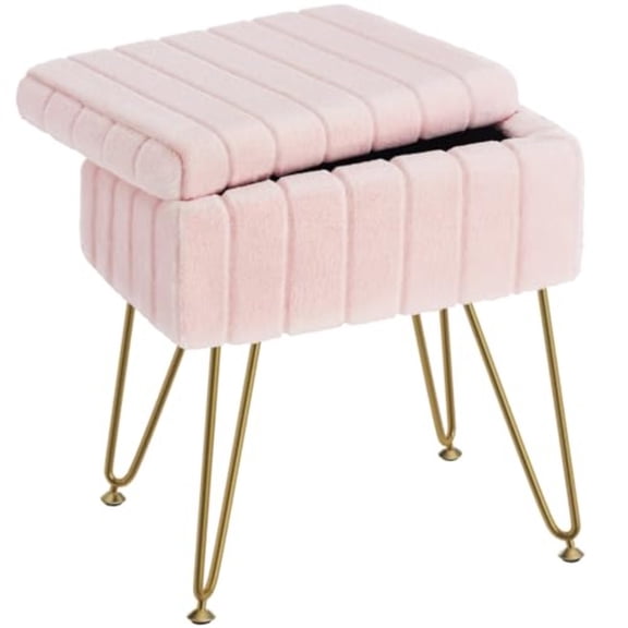 Vanity Stool Chair Faux Fur with Storage 15.7"L x 11.8"W x 19.4"H Soft Ottoman 4 Metal Legs with Anti-Slip Feet Furry Padded Seat Modern Multifunctional Chairs for Makeup Bedroom Pink