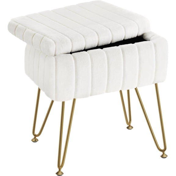 Vanity Stool Chair Faux Fur with Storage, 15.7"L x 11.8"W x 19.4"H Soft Ottoman 4 Metal Legs with Anti-Slip Feet, Furry Padded Seat, Modern Multifunctional Chairs for Makeup, Bedroom White