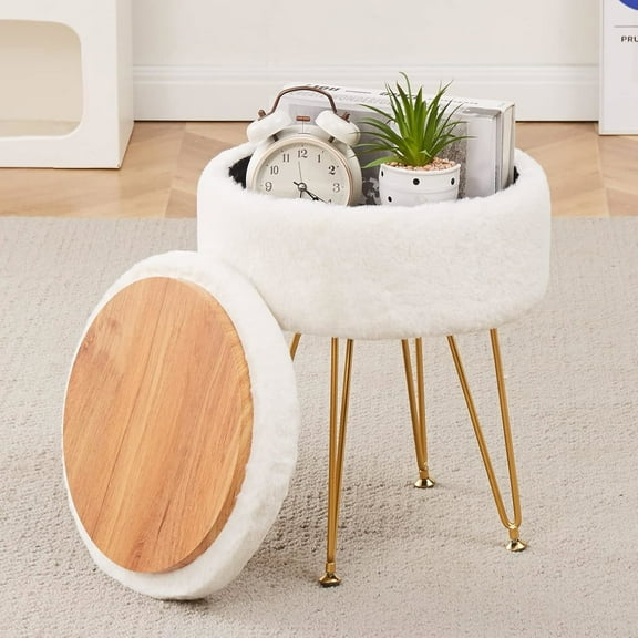 Vanity Stool Chair Faux Fur with Storage, 13"L x 13"W x 17"H Soft Ottoman 4 Metal Legs with Anti-Slip Feet, Furry Padded Seat for Makeup, Bedroom