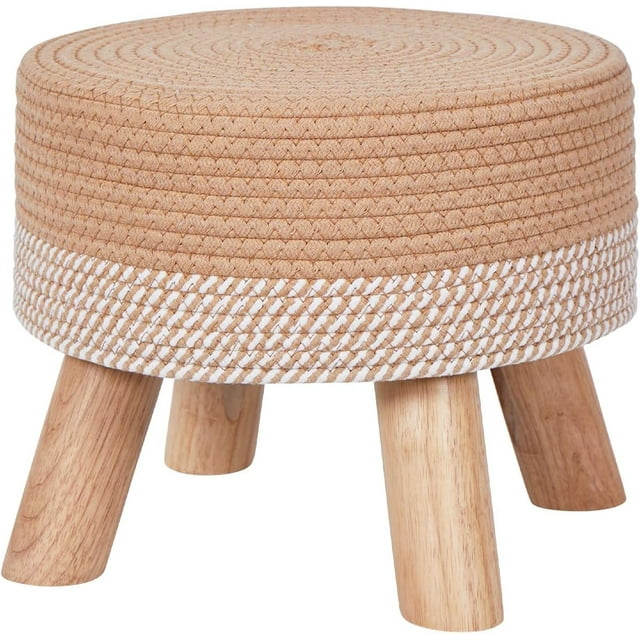 Vanity Stool Chair Hemp Rope Footstool Hand Weave Ottoman with Padded Seat,Small  Foot Rest with Wooden Legs for Bedroom,Small (Natural+Beige)