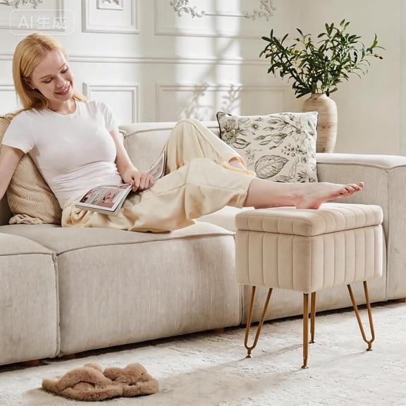 Vanity Stool Chair Ottoman with Storage Soft Faux Fur Modern Style for Bedroom Living Room