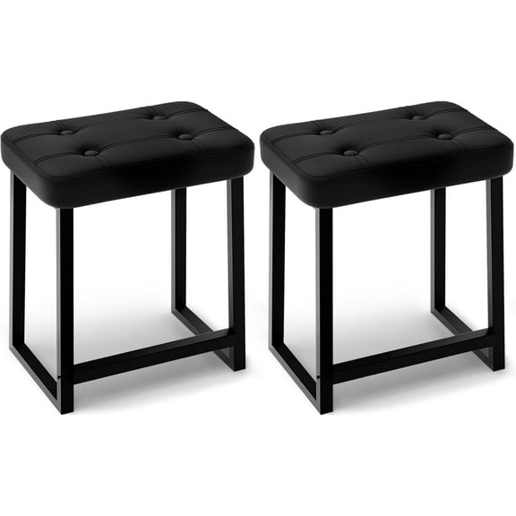 Vanity Stool Chair Pack 2, Makeup Stool for Vanity,Small Ottoman Footrest for Bathroom, Bedroom, Living Room, Entryway, OfficesLeather &Metal Legs with Anti-Slip Feet, Black