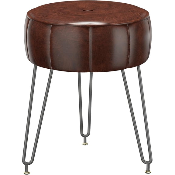 Pumpkin Style Faux Leather Vanity Stool, 12.6x12.6x17.32 inch Multifunctional Pouf for Makeup Bedroom Living Room, Brown Accent Stool Chair