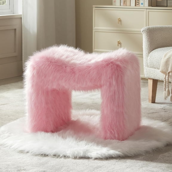 Vanity Stool Chair Small Footstool Ottoman Faux Fur Seating Backless Modern Foot Rest Ottoman Furry for Makeup Room Living Room Bedroom Entryway,Pink (Single 1)