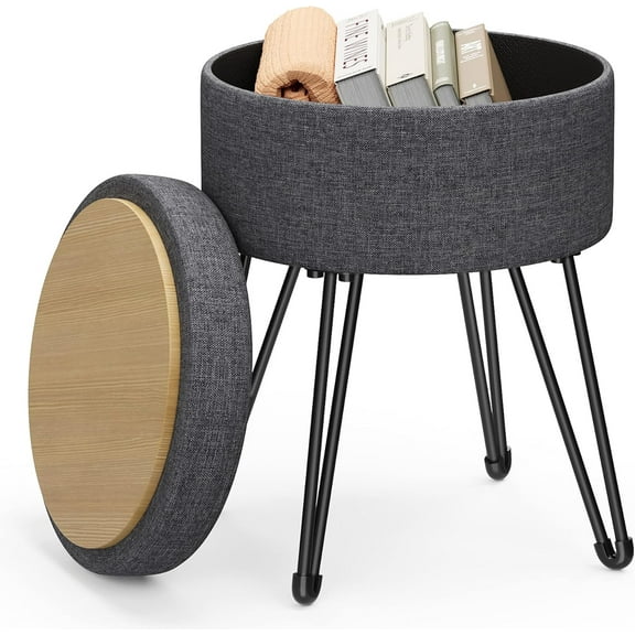 Vanity Stool Chair, Small Ottoman Stool with Storage, Vanity Chair, 15.4 Dia. x 17.4 Inches, 4 Metal Legs, for Makeup Room, for Living Room, Bedroom, Camel Brown