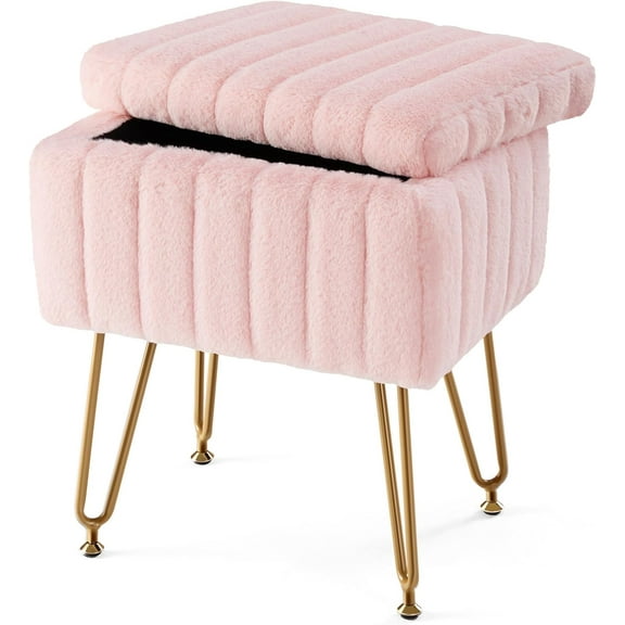 Vanity Stool Chair with Storage, 18.9H x 16L 12.2W Ottoman Faux Fur Soft Padded Makeup Footstools Seat 4 Metal Legs Anti-Slip Adjustable Feet for Make Up, Pink