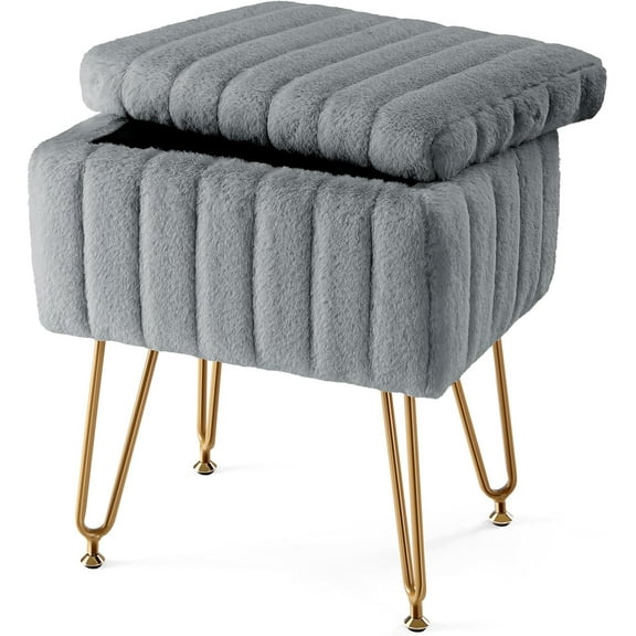Vanity Stool Chair with Storage, 18.9H x 16L x 12.2W Ottoman Chair Faux Fur Soft Padded Makeup Footstools Seat with 4 Metal Legs Anti-Slip Adjustable Feet for Make Up, Grey