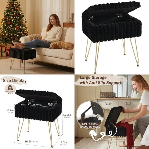 Vanity Stool Chair with Storage Faux Fur Stools for Vanity Makeup Foot Stool Ottoman with 4 Metal Legs Small Vanity Bench Seat Chairs for Living Room BedroomBlack