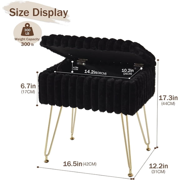 Vanity Stool Chair with Storage, Faux Fur Stools for Vanity Makeup, Foot Stool Ottoman with 4 Metal Legs, Small Vanity Bench Seat Chairs for Living Room Bedroom