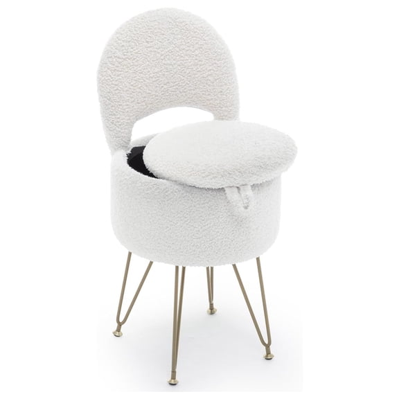 Vanity Stool Chair with Storage and Folding Back, 13"x13"x27.6" Faux Fur Soft Round Ottoman, Vanity Chair with Storage, Ideal for Bedroom, Living Room, and Makeup Stations, White