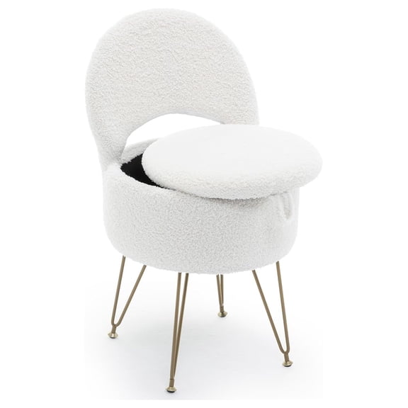 Vanity Stool Chair with Storage and Folding Back, 15.4"x15.4"x29.5" Faux Fur Soft Round Ottoman, Vanity Chair with Storage, Ideal for Bedroom, Living Room, and Makeup Stations, White