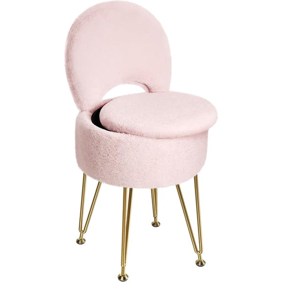 Vanity Stool Chair with Storage and Folding Back, 15.7" x 15.7" x 19.5" Faux Fur Soft Ottoman for Adults, 4 Metal Legs with Anti-Slip Feet, Furry Padded Seat for Makeup, Bedroom, Pink