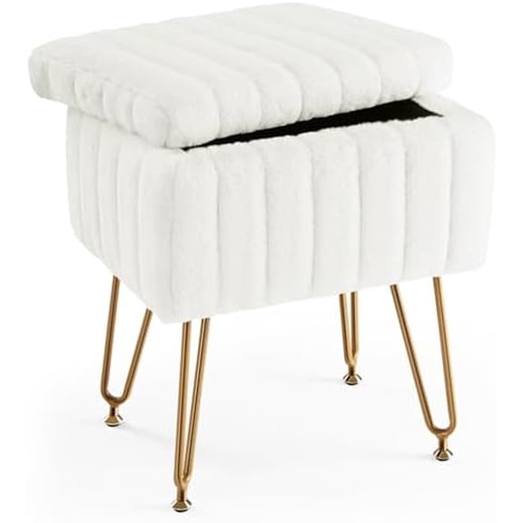 Vanity Stool Chair with Storage, Ottoman Faux Fur Soft Padded Makeup Footstools Seat with 4 Metal Legs Anti-Slip Adjustable Feet Modern Cute Small Footrest for Home Entryway Bedroom White