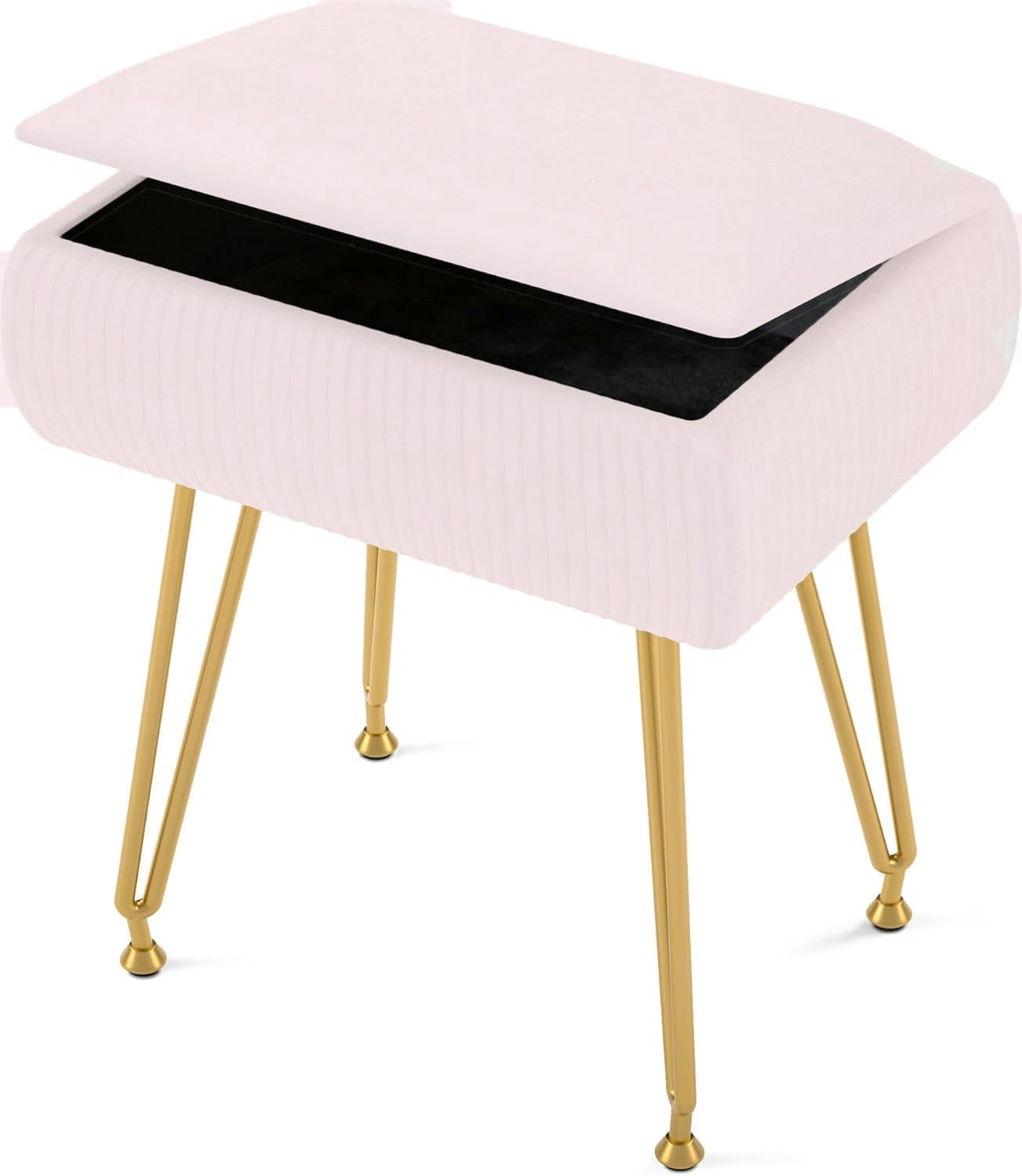 Vanity Stool Chair with Storage, Ottoman Faux Fur Soft Padded Makeup Footstools Seat with 4 Metal Legs Anti-Slip Adjustable Feet Modern Cute Small Footrest for Home Entryway Bedroom White