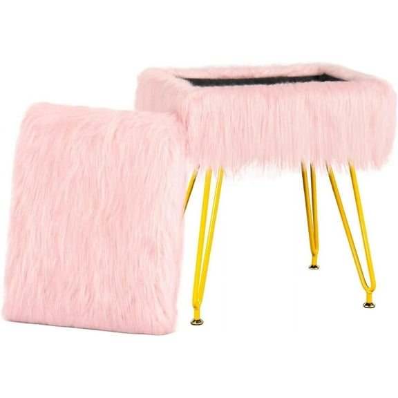 Vanity Stool Chair with Storage, Soft Ottoman Seat Vanity Stool with Anti-Slip Feet, Fluffy Padded Seat Multifunctional Footrest Side Table with 4 Metal Legs for Makeup, Bedroom, Pink