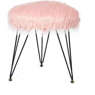 Duhome Mongolian Faux Fur Ottoman Round Foot Rest Vanity Makeup Stool Pink  1 Pcs