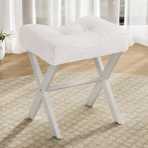 Vanity Stool Chair with Metal X-Legs, White Boucl Fabric Saddle Seat, Small