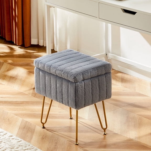 Vanity Storage Ottoma, Faux Fur Footrest Stool for Makeup with Gold Hairpin Legs, Padded Vanity Seat for Living Room & Bedroom, Gray