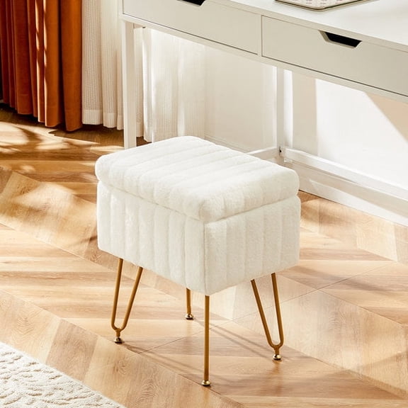 Vanity Storage Ottoma with Tray Top, Faux Fur Footrest Stool with Gold Hairpin Legs, Padded Vanity Seat for Living Room & Bedroom, White