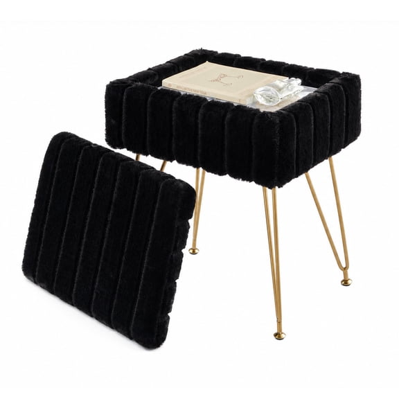 Vanity Stool Chair with Storage,Faux Fur Ottoman with Metal Legs and Anti-Slip Feet for Makeup Bedroom Living Room,15.7"L x 11.8"W x 19.4"H