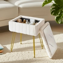 Haewon Faux Fur Vanity Stool with Storage, Makeup Ottoman Chair with Upholstered Seat, Metal Legs & Anti-Slip Feet for Bedroom, Living Room, White