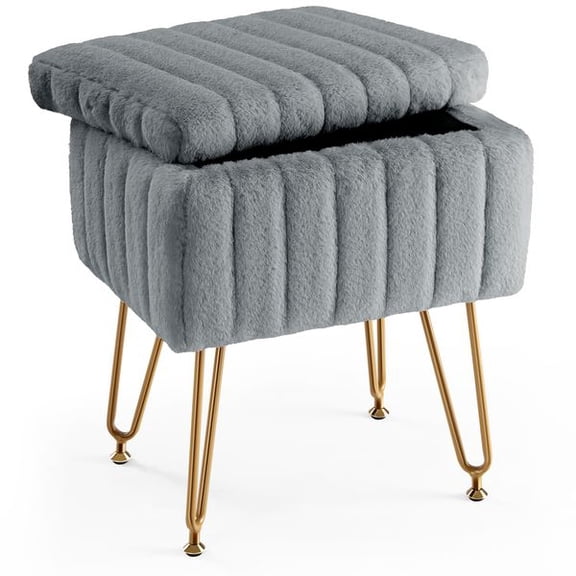 Vanity Stool Chair with Storage, Ottoman Faux Fur Soft Padded Makeup Footstools Seat with 4 Metal Legs Anti-Slip Adjustable Feet Modern