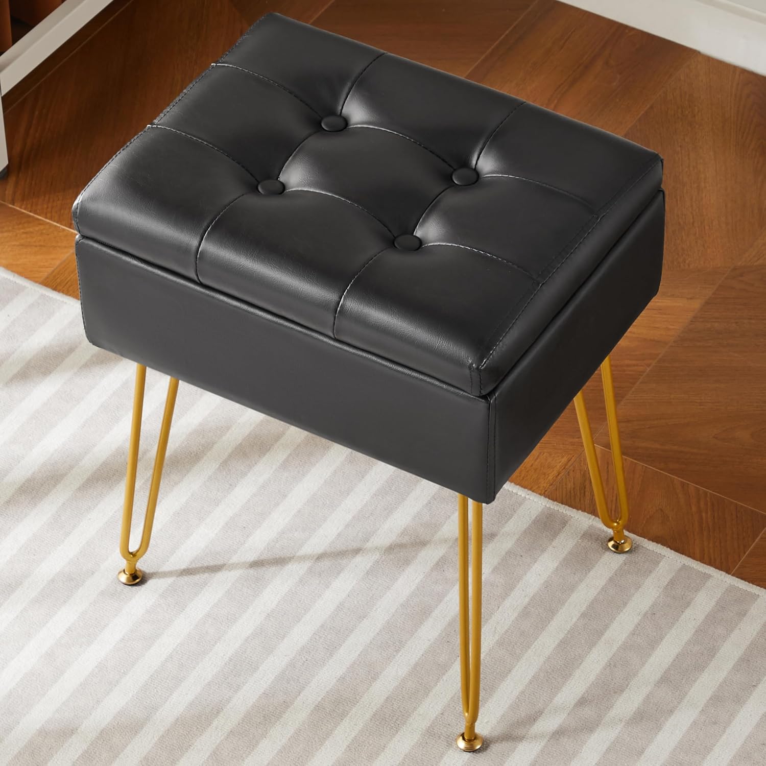 Vanity Stool Small Black Leather Footstool LUE BONA Adjustable
